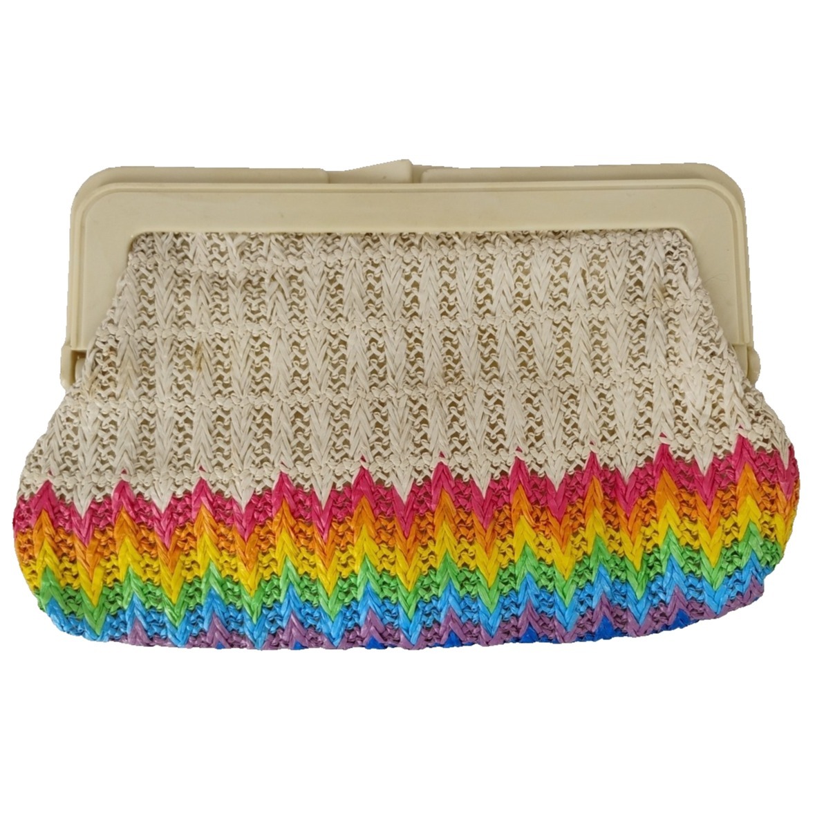 Vintage Hong Kong Rainbow Raffia Clutch Purse Retro Boho Chic